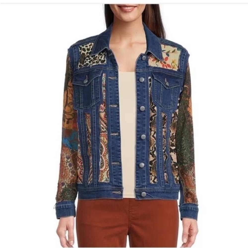 John Mark
Point Collar Long Cuff Sleeve Cut-Out Multi  Patch Denim Jacket XL